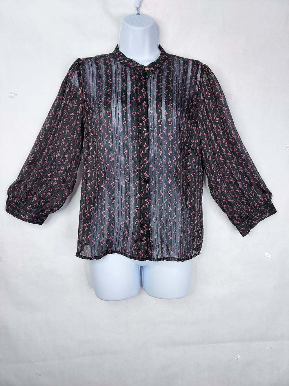 ICHI Sheer Blouse Women S Ditsy Floral Chiffon Stripe High Neck Whimsigoth Fairy